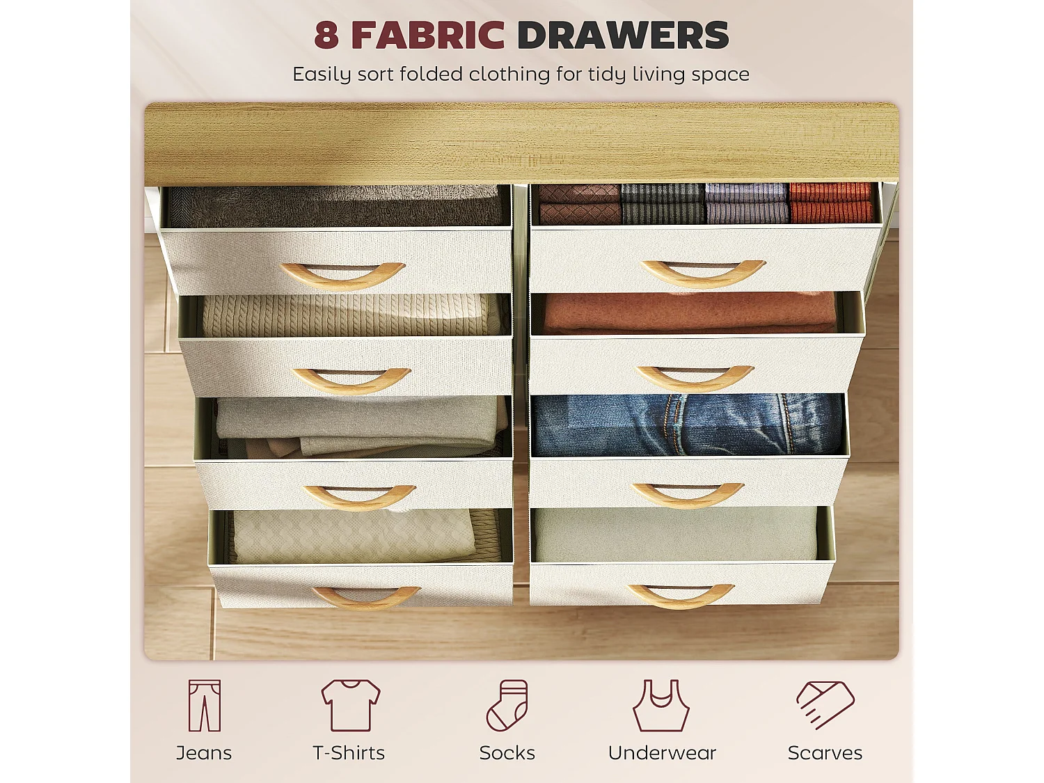 Docone Livi 8 Drawer Fabric and Metal Storage Chest Beige