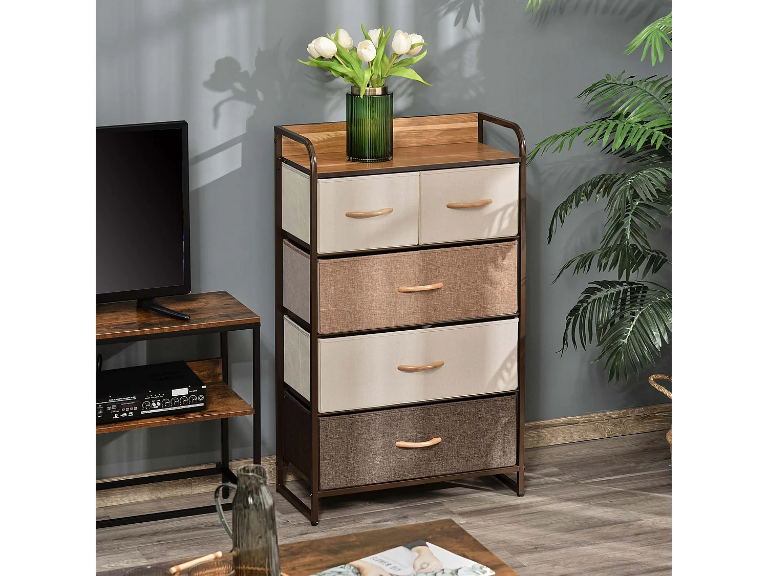 Neelvefa 5 Drawer Fabric Storage Tower with Steel Frame and Wood Effect Top