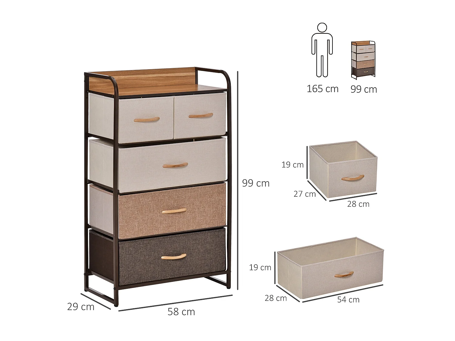 Neelvefa 5 Drawer Fabric Storage Tower with Steel Frame and Wood Effect Top