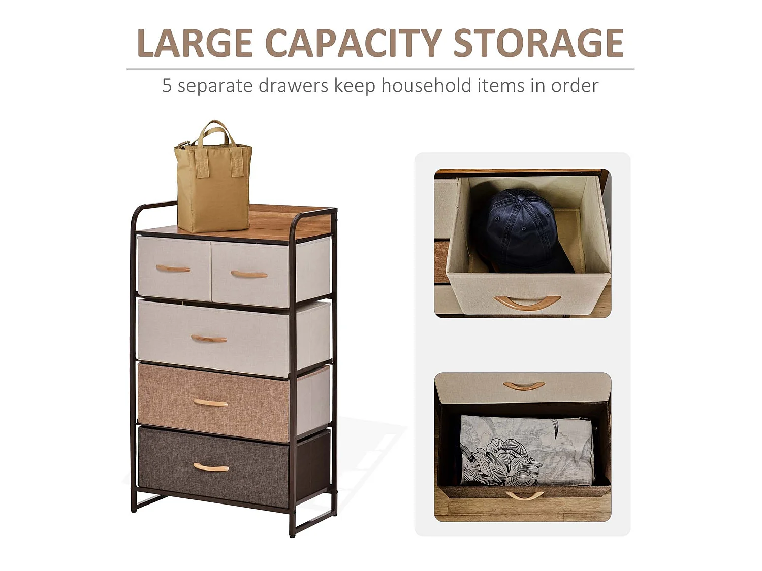 Neelvefa 5 Drawer Fabric Storage Tower with Steel Frame and Wood Effect Top