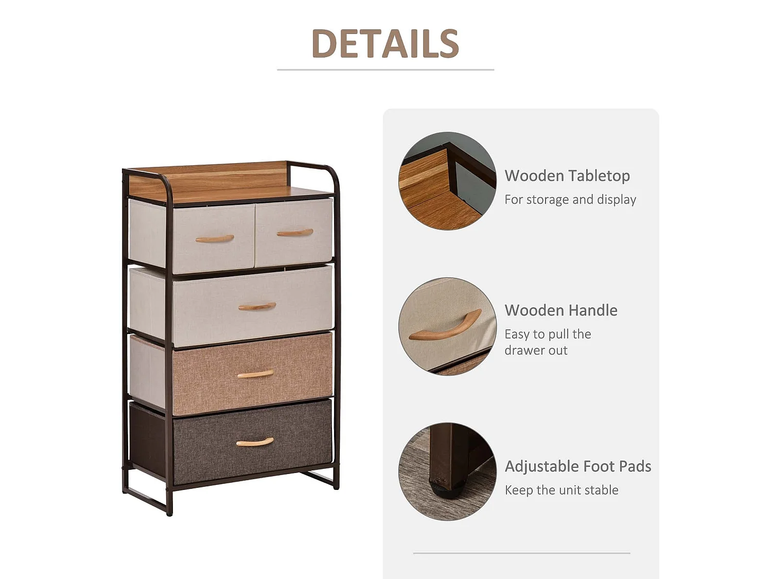 Neelvefa 5 Drawer Fabric Storage Tower with Steel Frame and Wood Effect Top