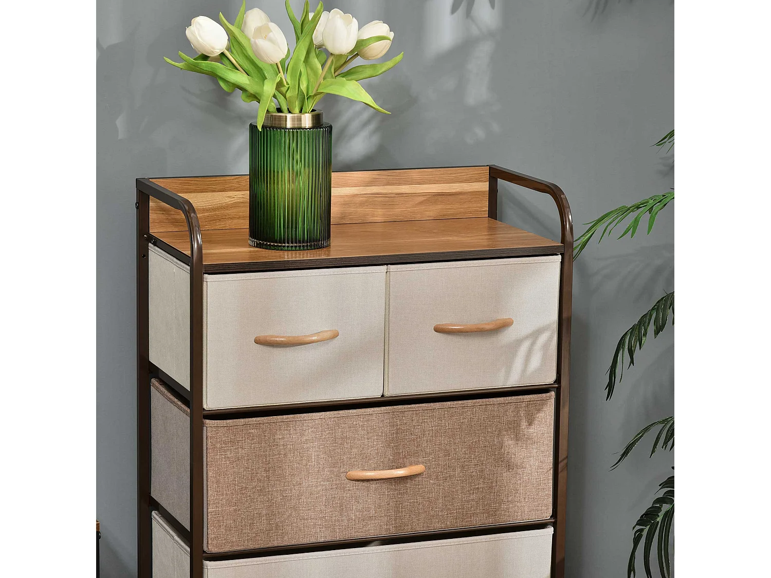 Neelvefa 5 Drawer Fabric Storage Tower with Steel Frame and Wood Effect Top