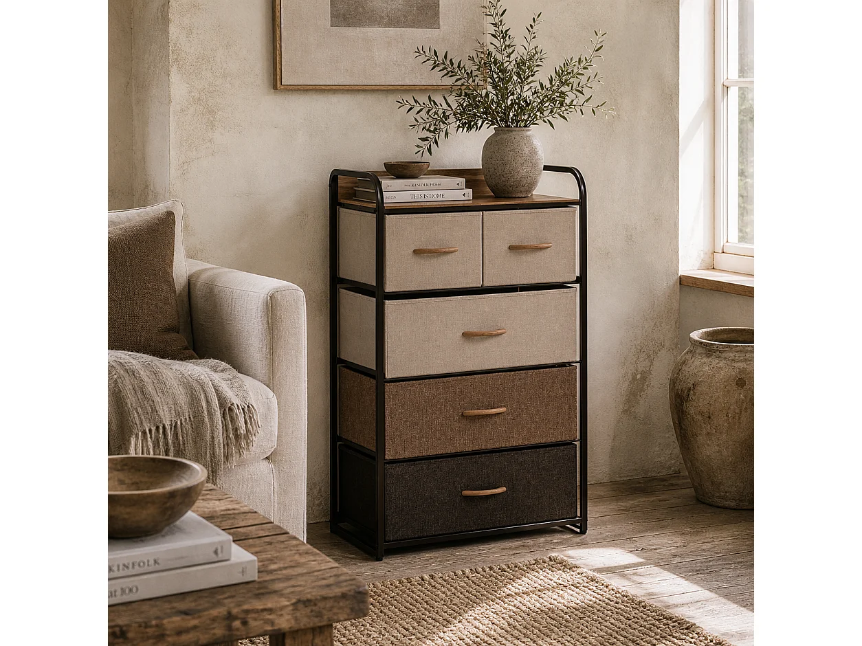 Neelvefa 5 Drawer Fabric Storage Tower with Steel Frame and Wood Effect Top