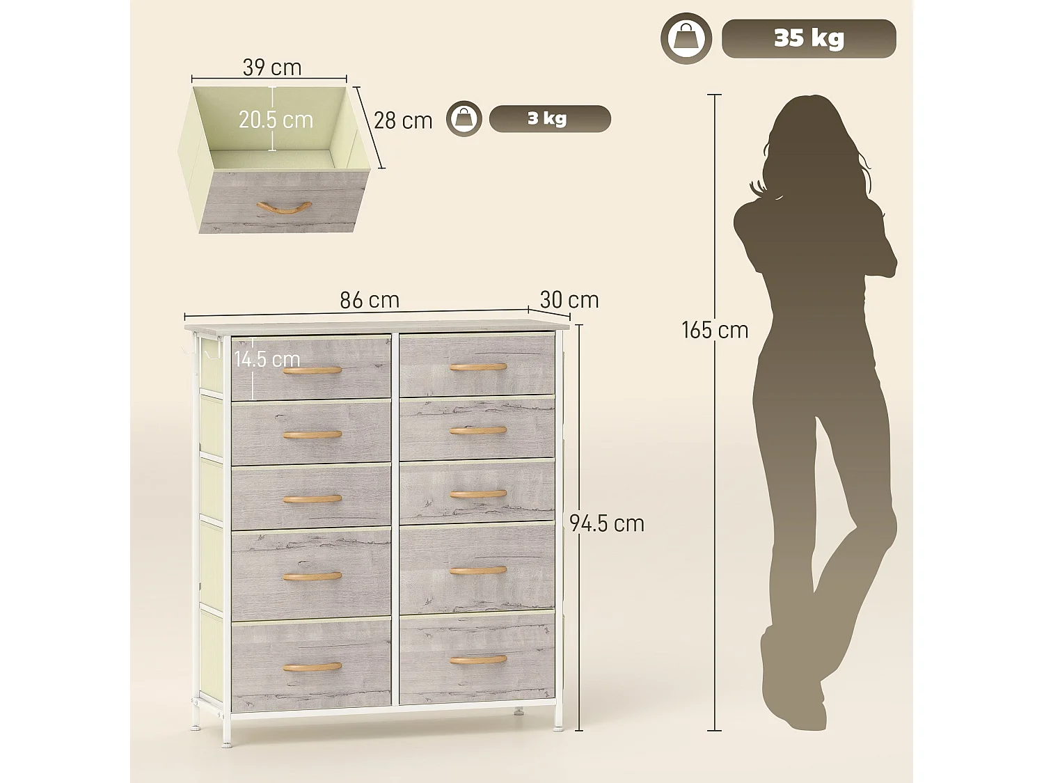 Nipa 10 Drawer Fabric and Metal Chest Natural Wood Finish White