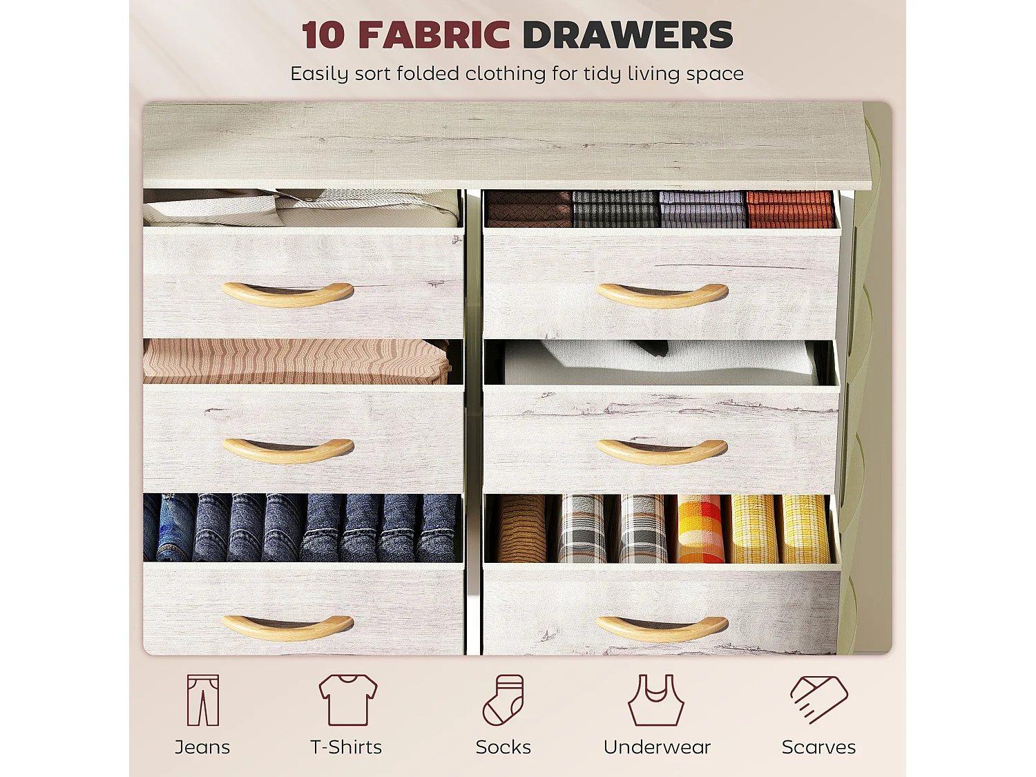Nipa 10 Drawer Fabric and Metal Chest Natural Wood Finish White