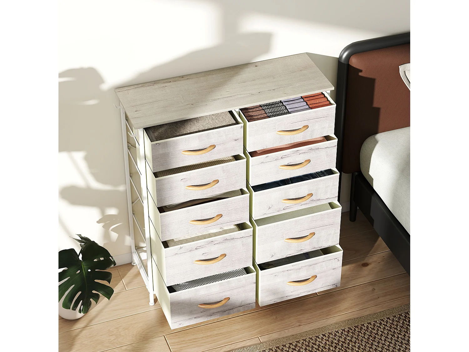 Nipa 10 Drawer Fabric and Metal Chest Natural Wood Finish White