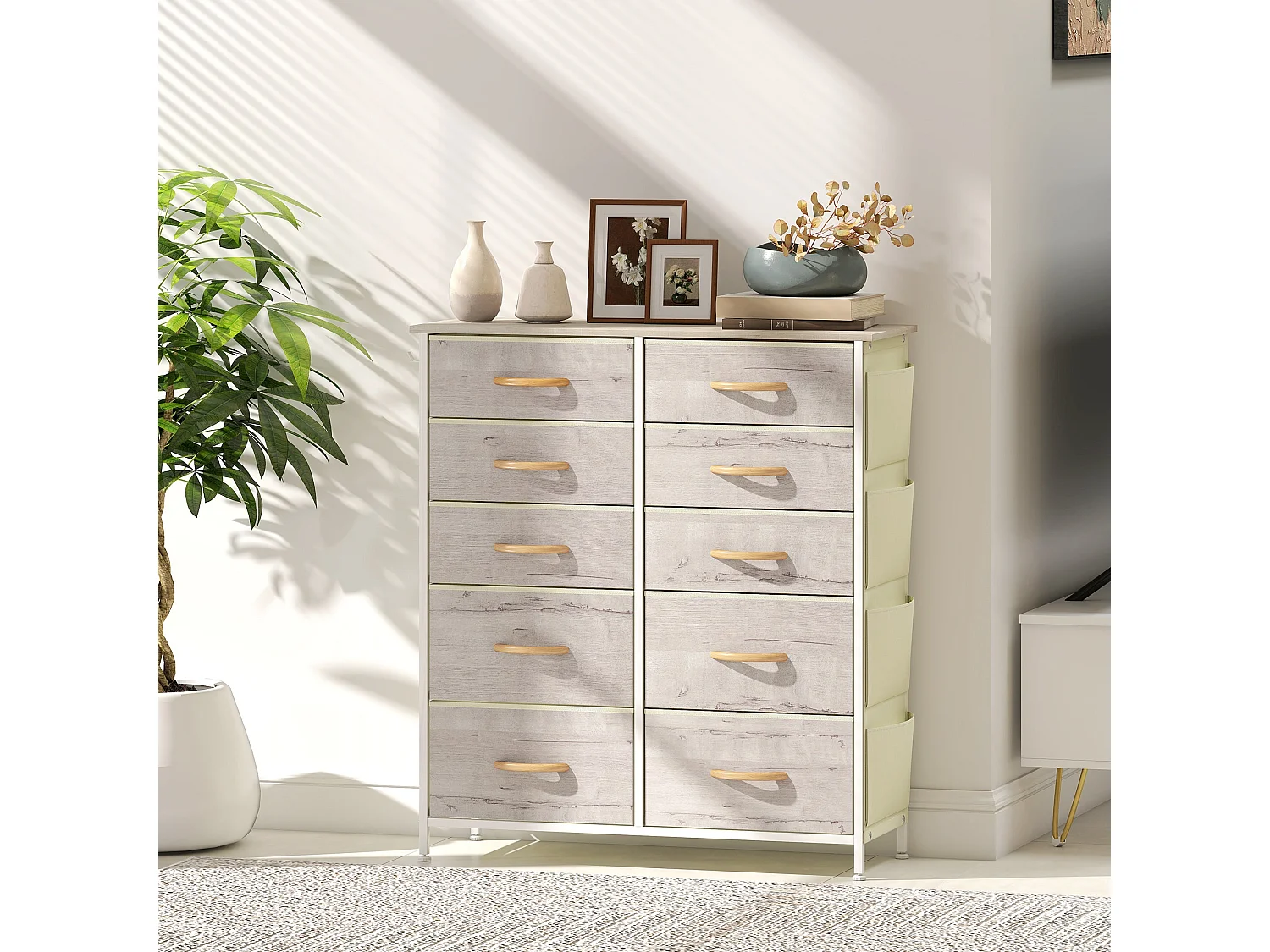 Nipa 10 Drawer Fabric and Metal Chest Natural Wood Finish White