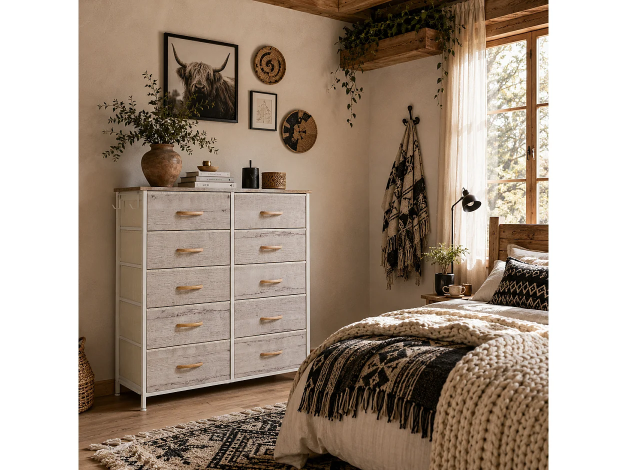 Nipa 10 Drawer Fabric and Metal Chest Natural Wood Finish White