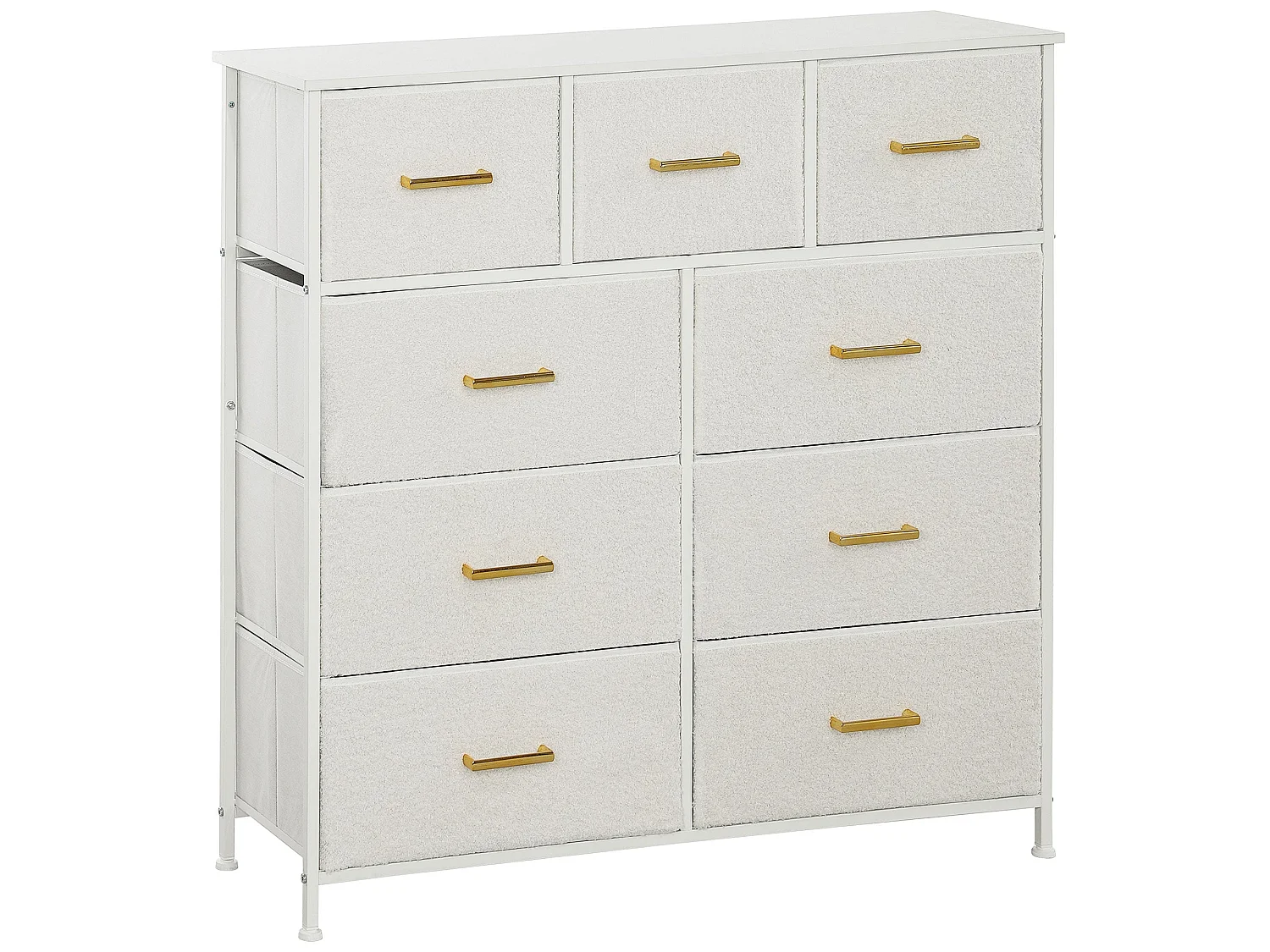 Tafi 9 Drawer Boucle Storage Chest Cream White Steel Frame Gold Handles