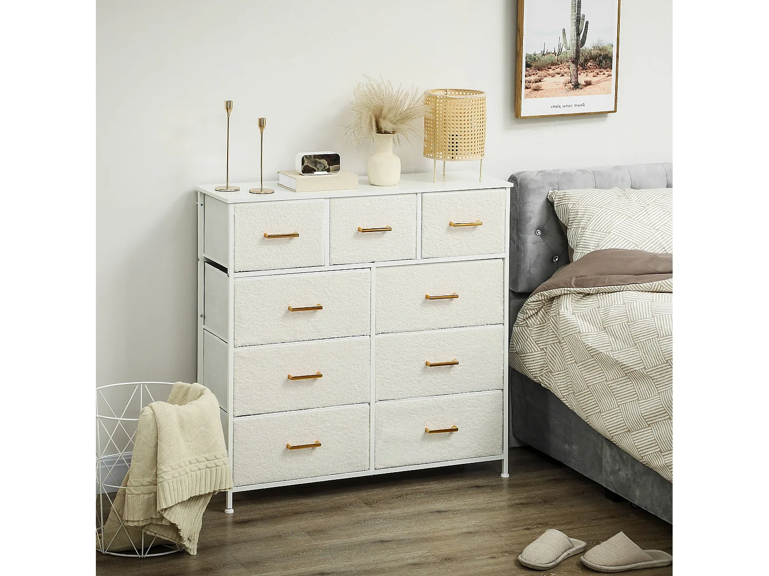 Tafi 9 Drawer Boucle Storage Chest Cream White Steel Frame Gold Handles
