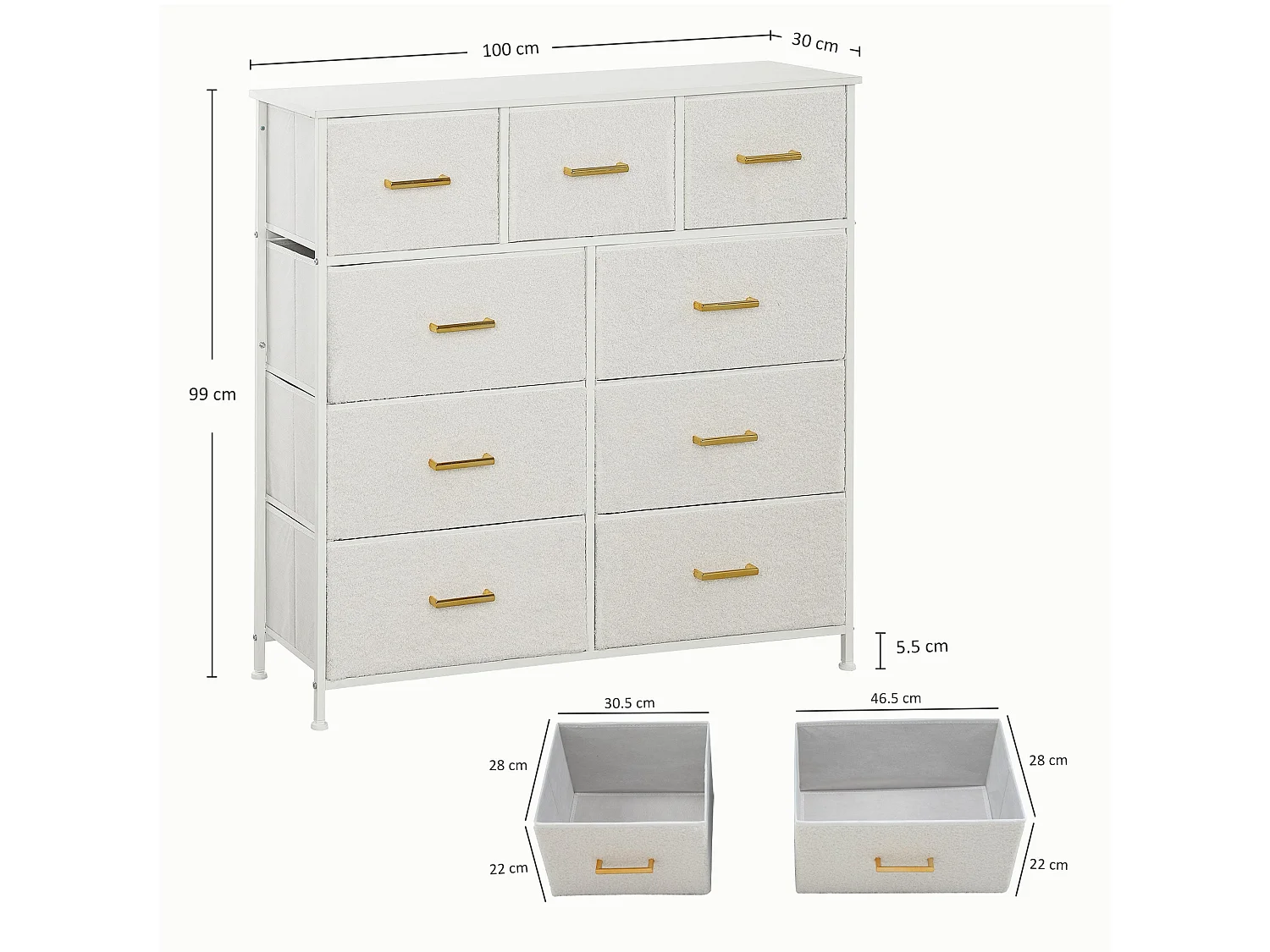 Tafi 9 Drawer Boucle Storage Chest Cream White Steel Frame Gold Handles