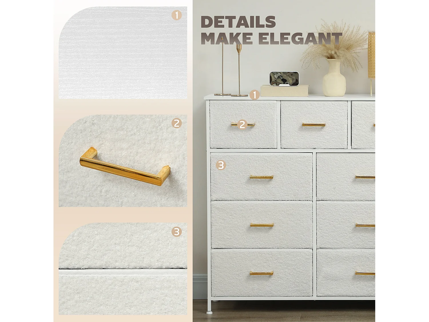 Tafi 9 Drawer Boucle Storage Chest Cream White Steel Frame Gold Handles