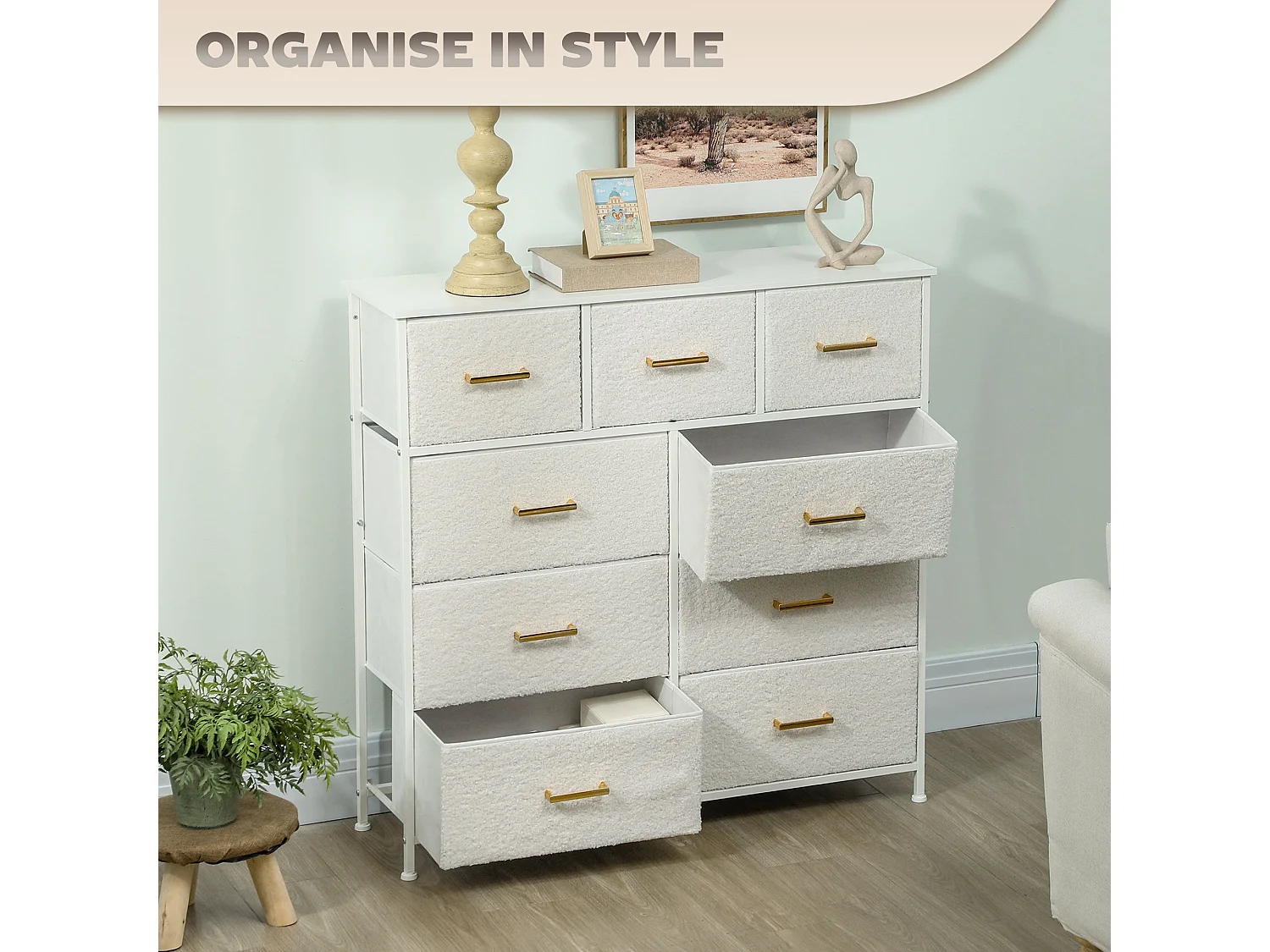 Tafi 9 Drawer Boucle Storage Chest Cream White Steel Frame Gold Handles