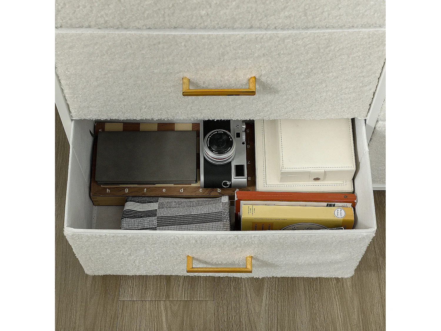 Tafi 9 Drawer Boucle Storage Chest Cream White Steel Frame Gold Handles