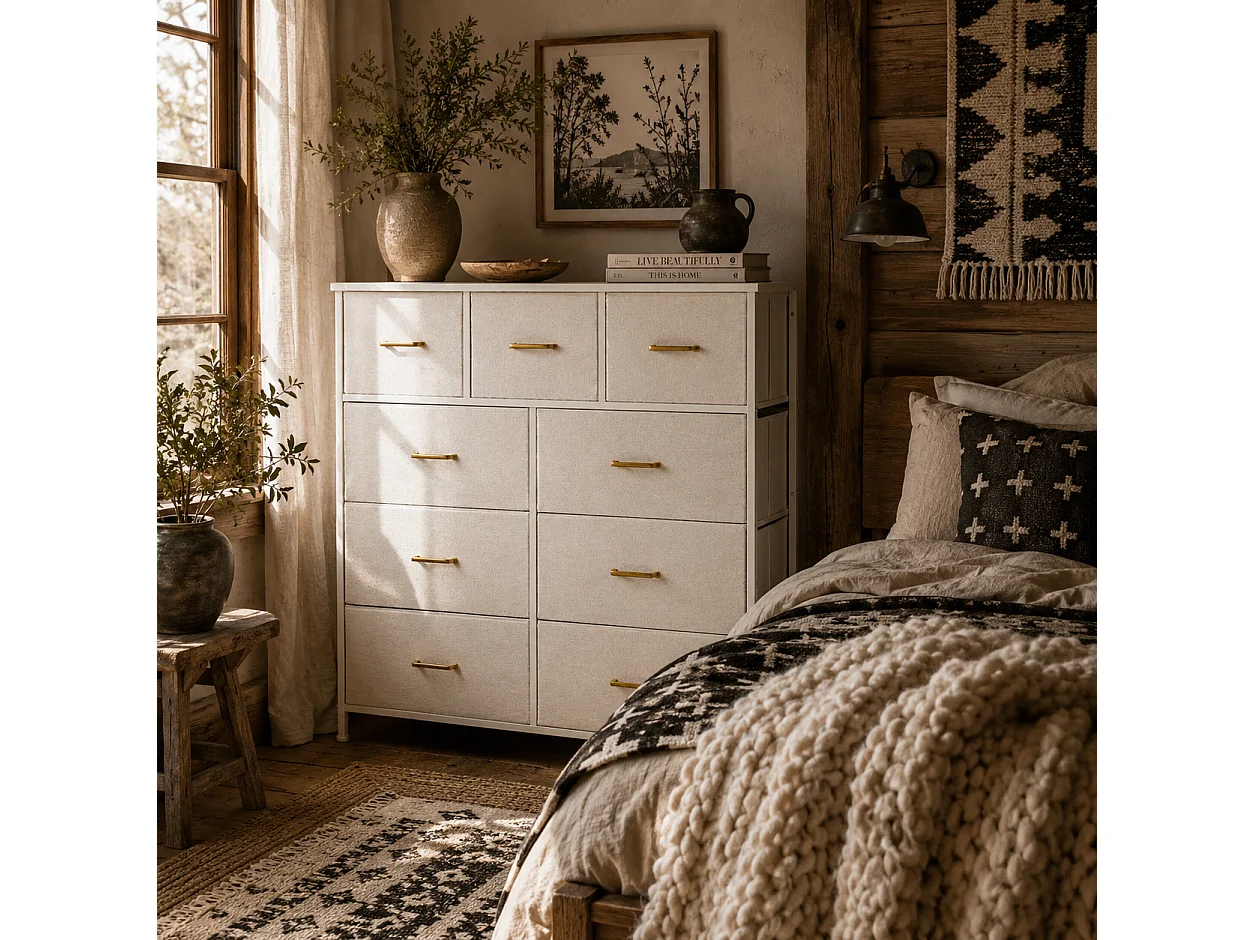 Tafi 9 Drawer Boucle Storage Chest Cream White Steel Frame Gold Handles