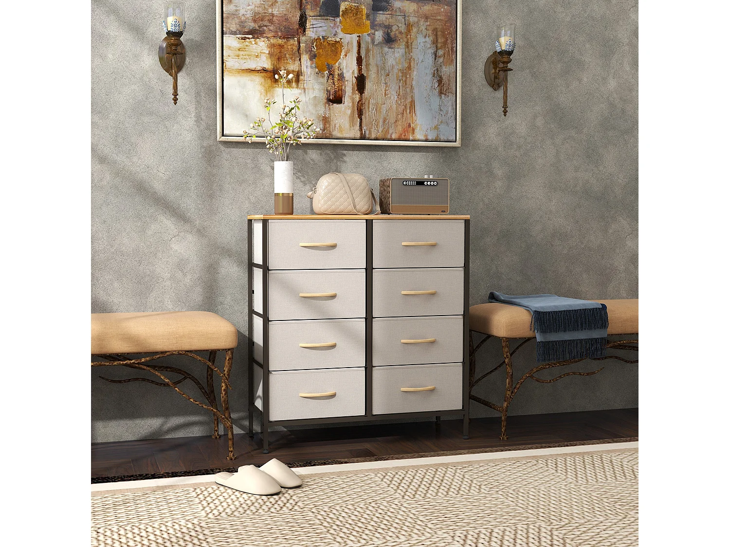 Neyo Cream White 8 Drawer Fabric Dresser with Steel Frame and Maple Effect Top