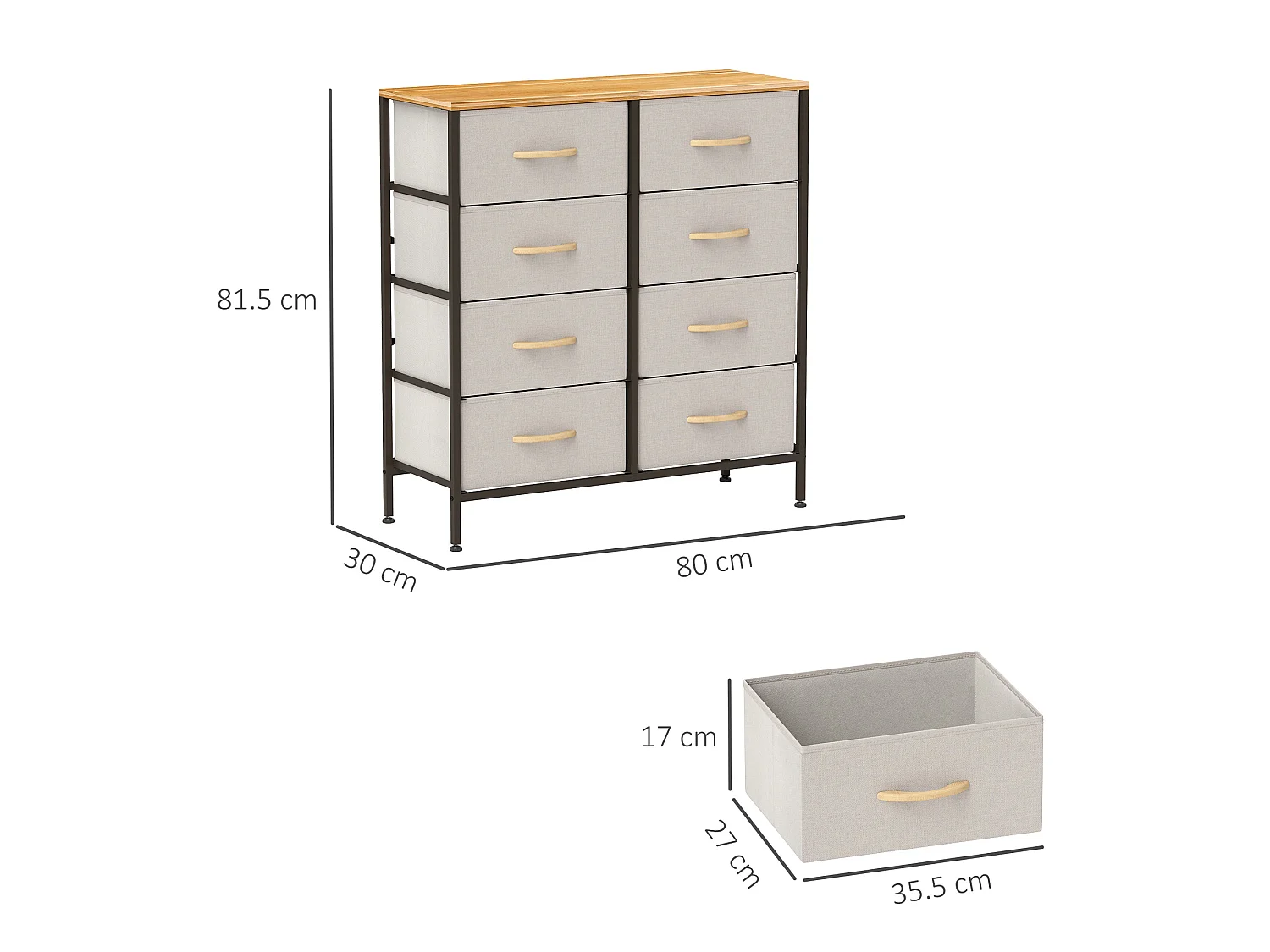 Neyo Cream White 8 Drawer Fabric Dresser with Steel Frame and Maple Effect Top
