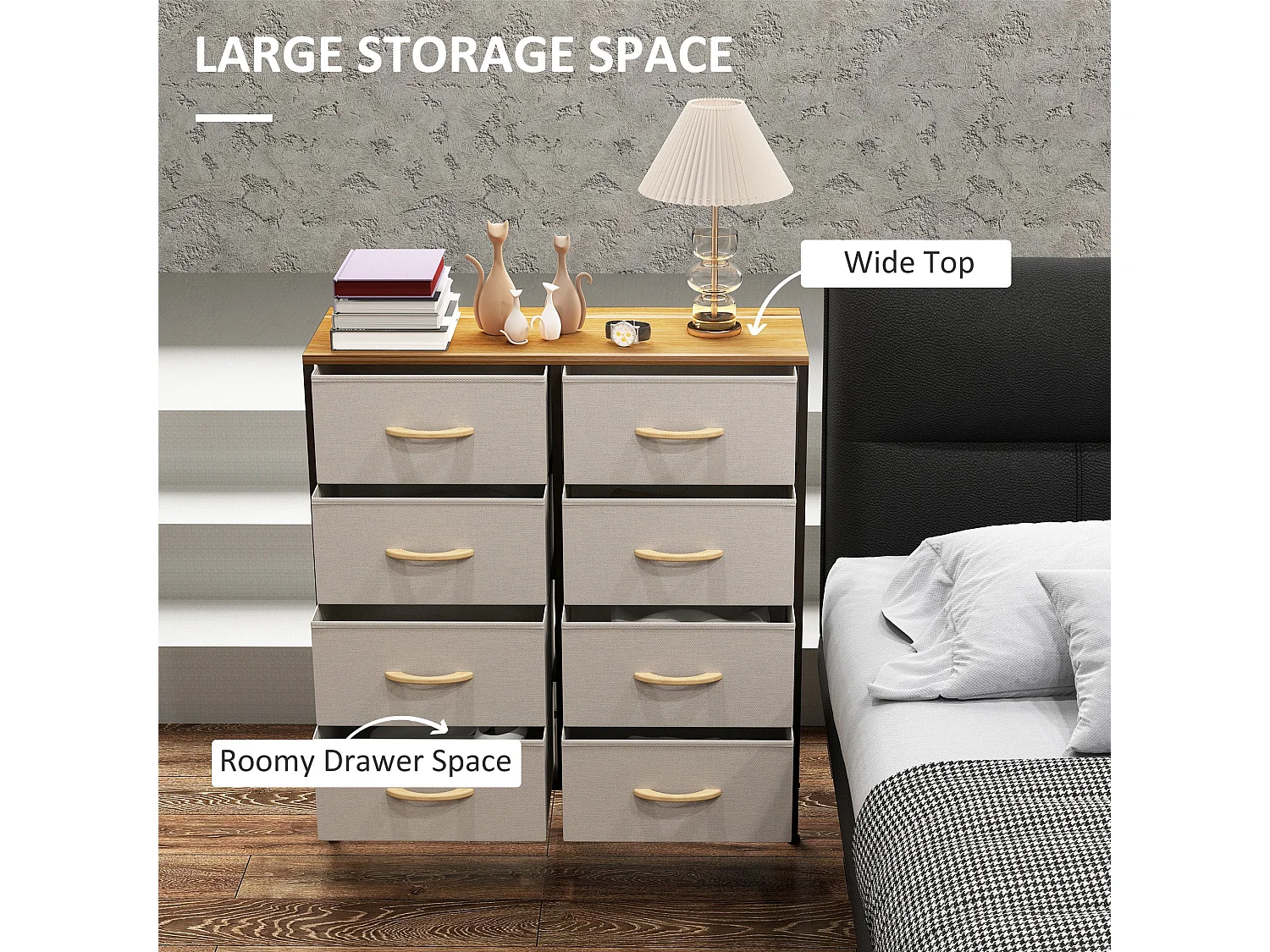 Neyo Cream White 8 Drawer Fabric Dresser with Steel Frame and Maple Effect Top