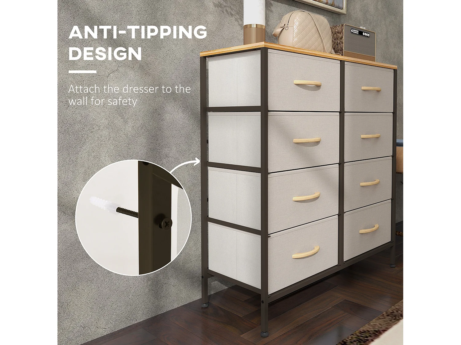 Neyo Cream White 8 Drawer Fabric Dresser with Steel Frame and Maple Effect Top