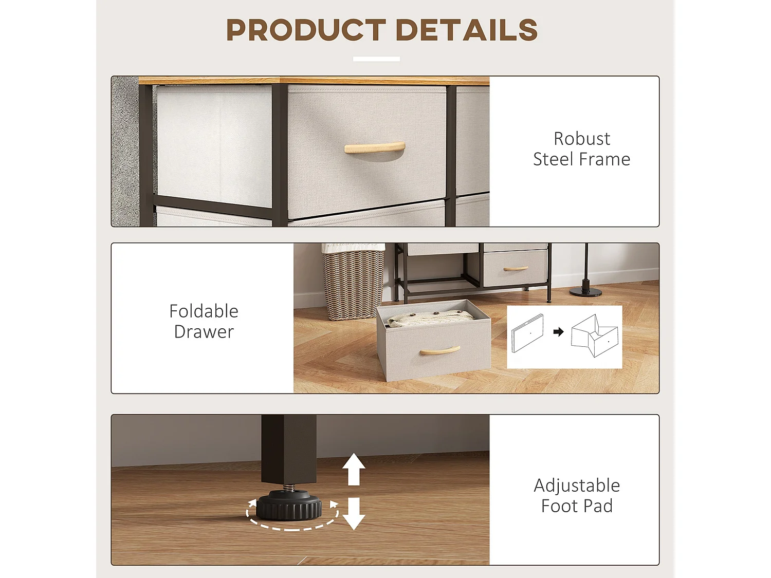 Neyo Cream White 8 Drawer Fabric Dresser with Steel Frame and Maple Effect Top