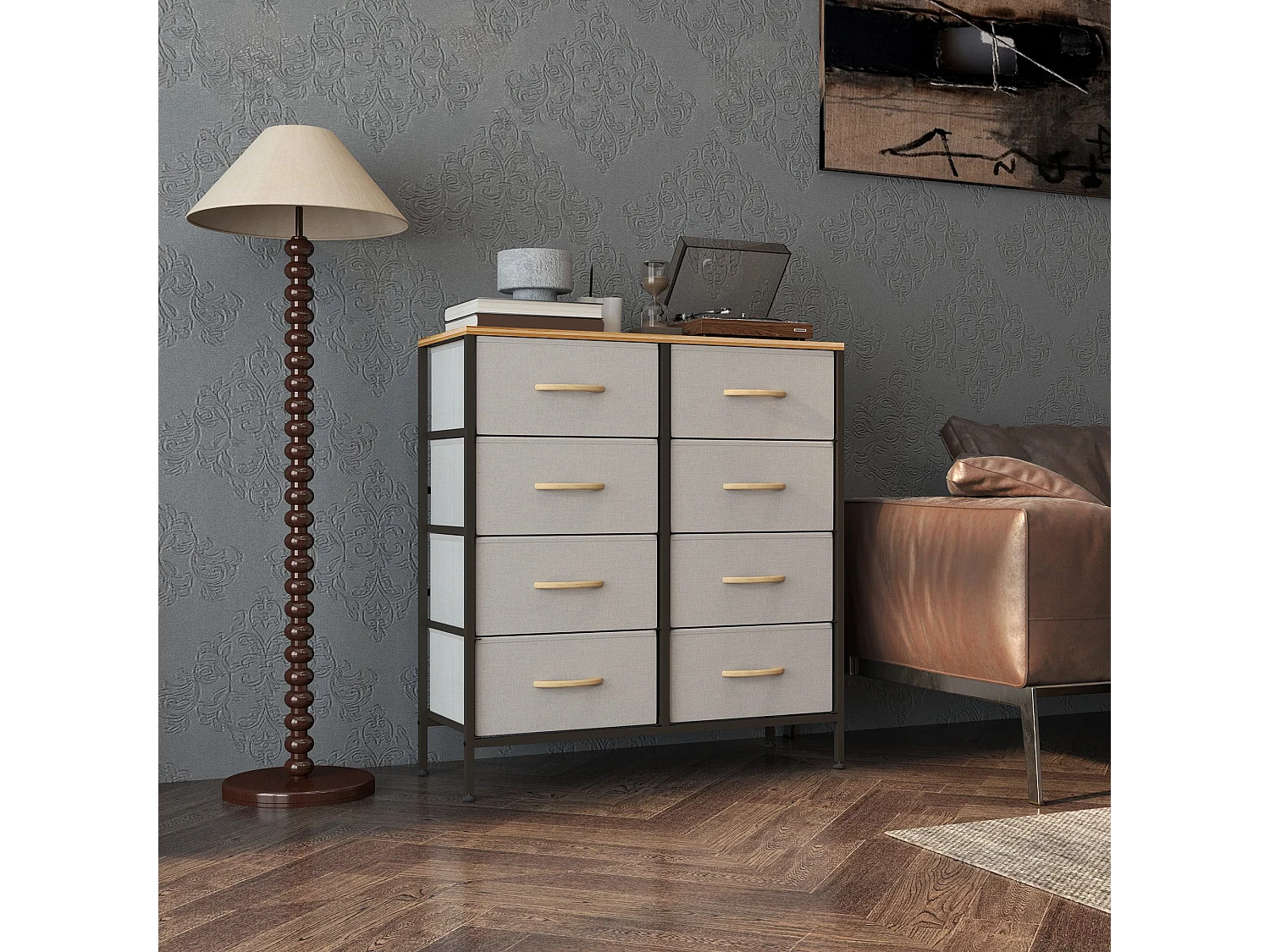 Neyo Cream White 8 Drawer Fabric Dresser with Steel Frame and Maple Effect Top