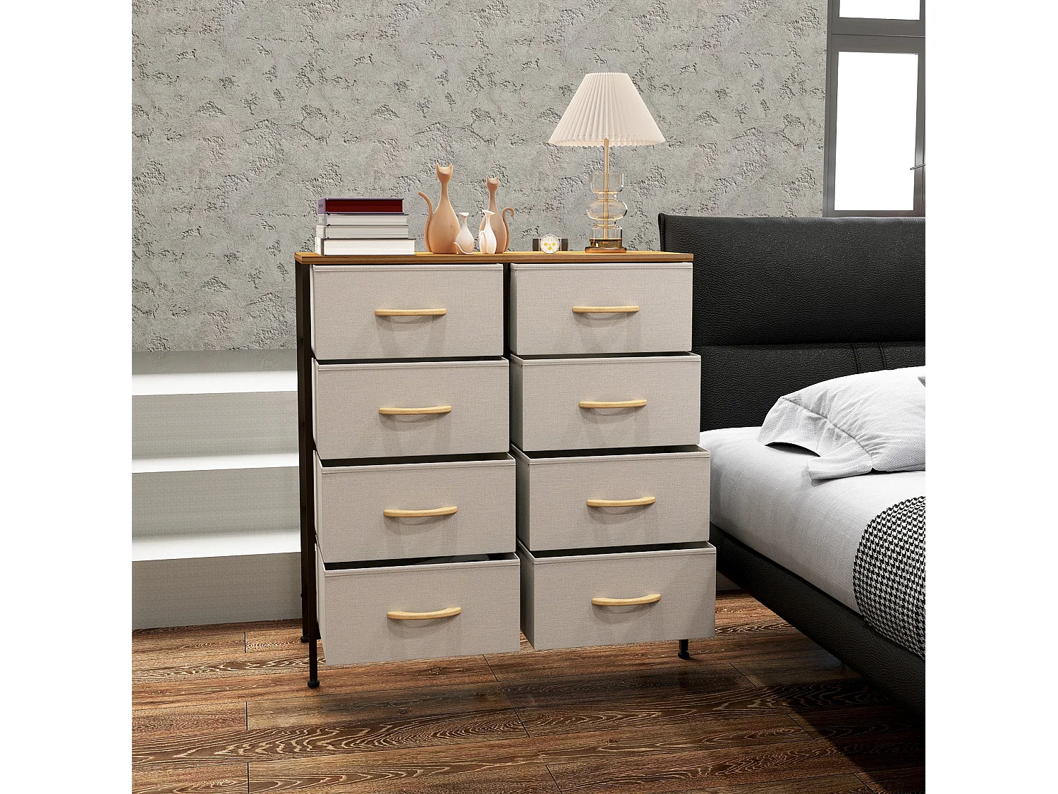 Neyo Cream White 8 Drawer Fabric Dresser with Steel Frame and Maple Effect Top