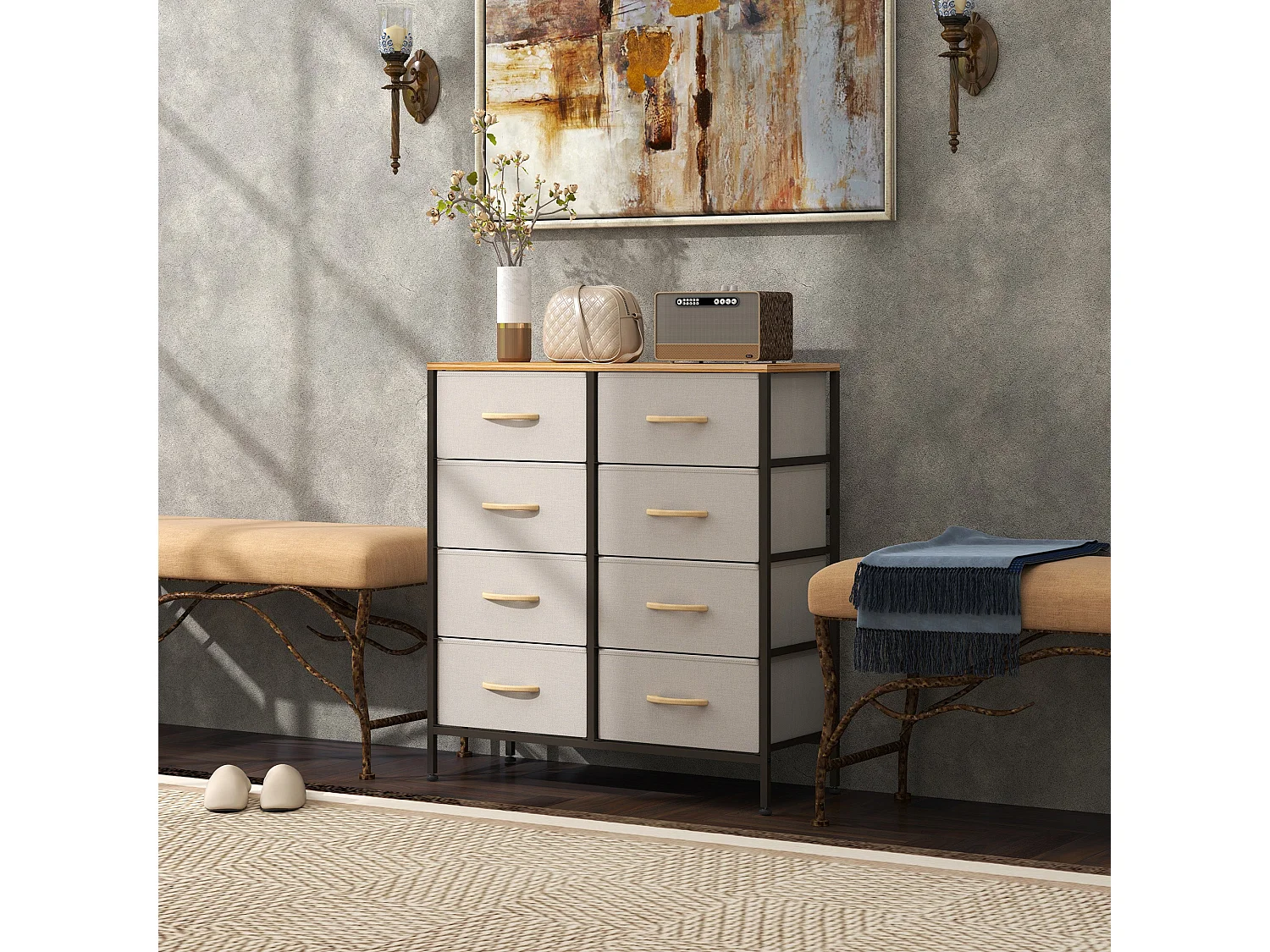 Neyo Cream White 8 Drawer Fabric Dresser with Steel Frame and Maple Effect Top