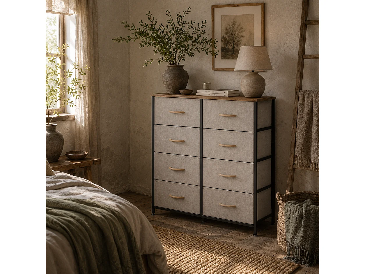 Neyo Cream White 8 Drawer Fabric Dresser with Steel Frame and Maple Effect Top