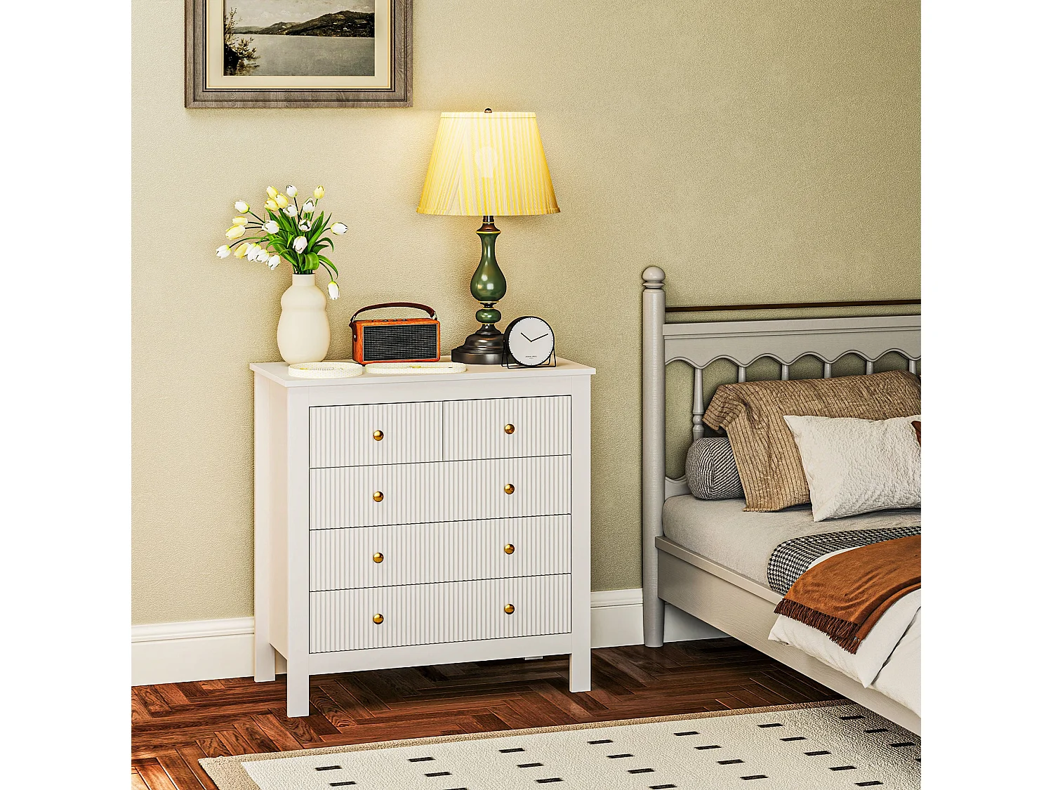 Vedise 5 Drawer White Chest of Drawers Ridged Fronts Gold Handles