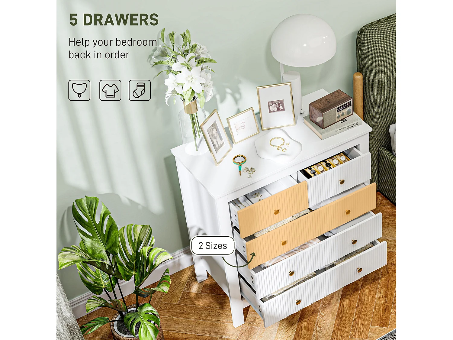 Vedise 5 Drawer White Chest of Drawers Ridged Fronts Gold Handles