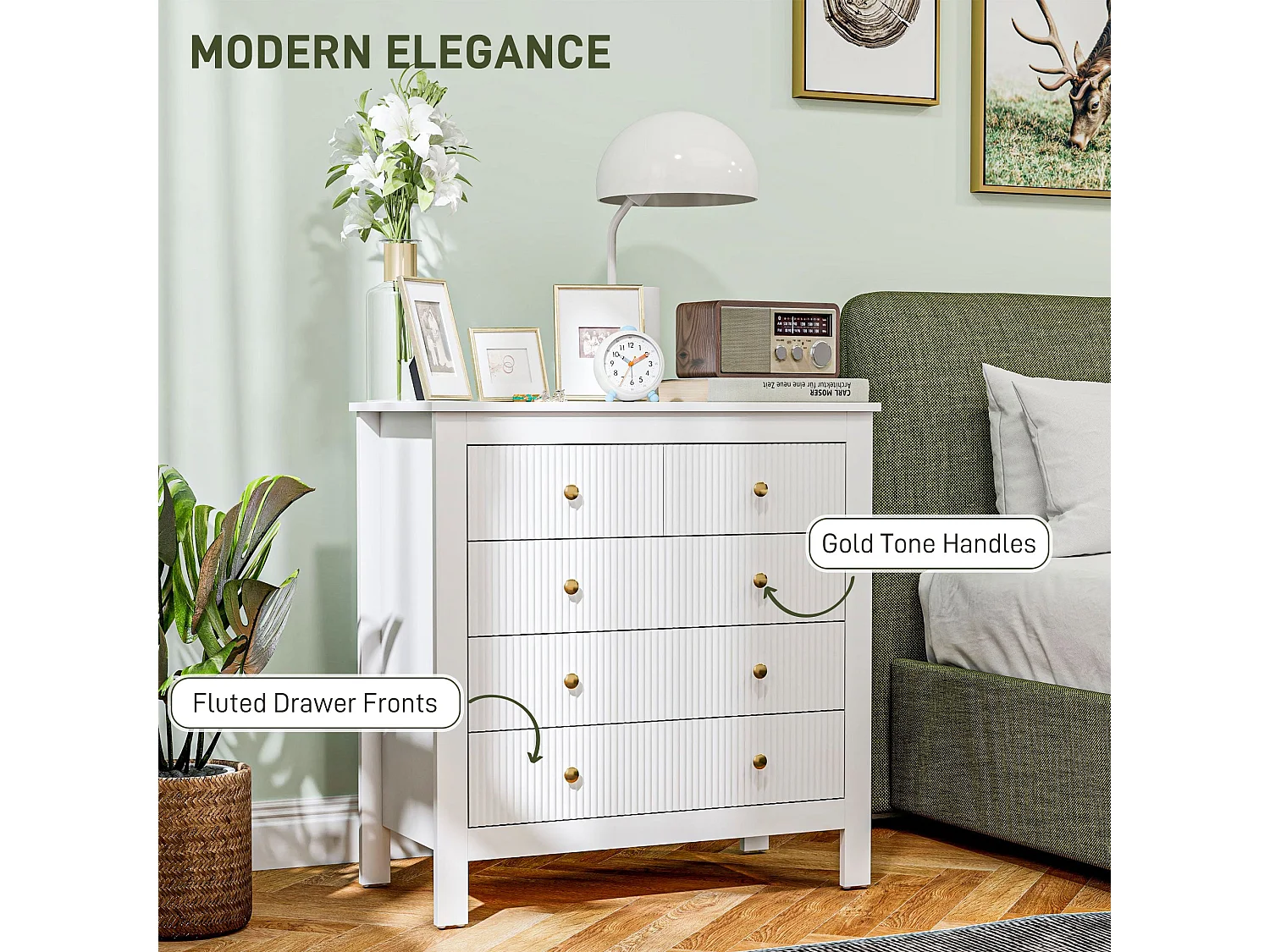 Vedise 5 Drawer White Chest of Drawers Ridged Fronts Gold Handles