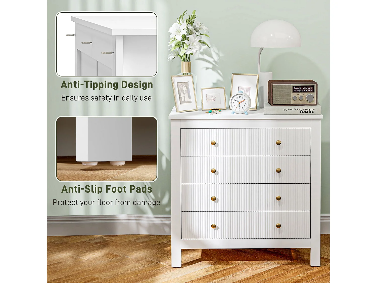 Vedise 5 Drawer White Chest of Drawers Ridged Fronts Gold Handles