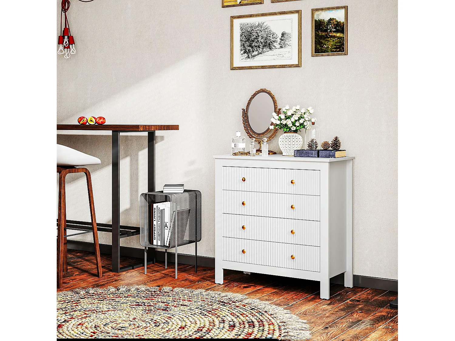 Vedise 5 Drawer White Chest of Drawers Ridged Fronts Gold Handles