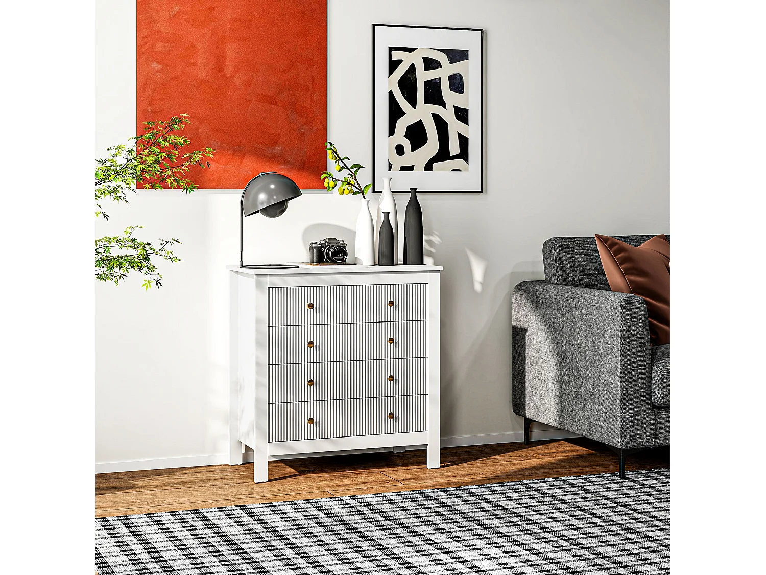 Vedise 5 Drawer White Chest of Drawers Ridged Fronts Gold Handles