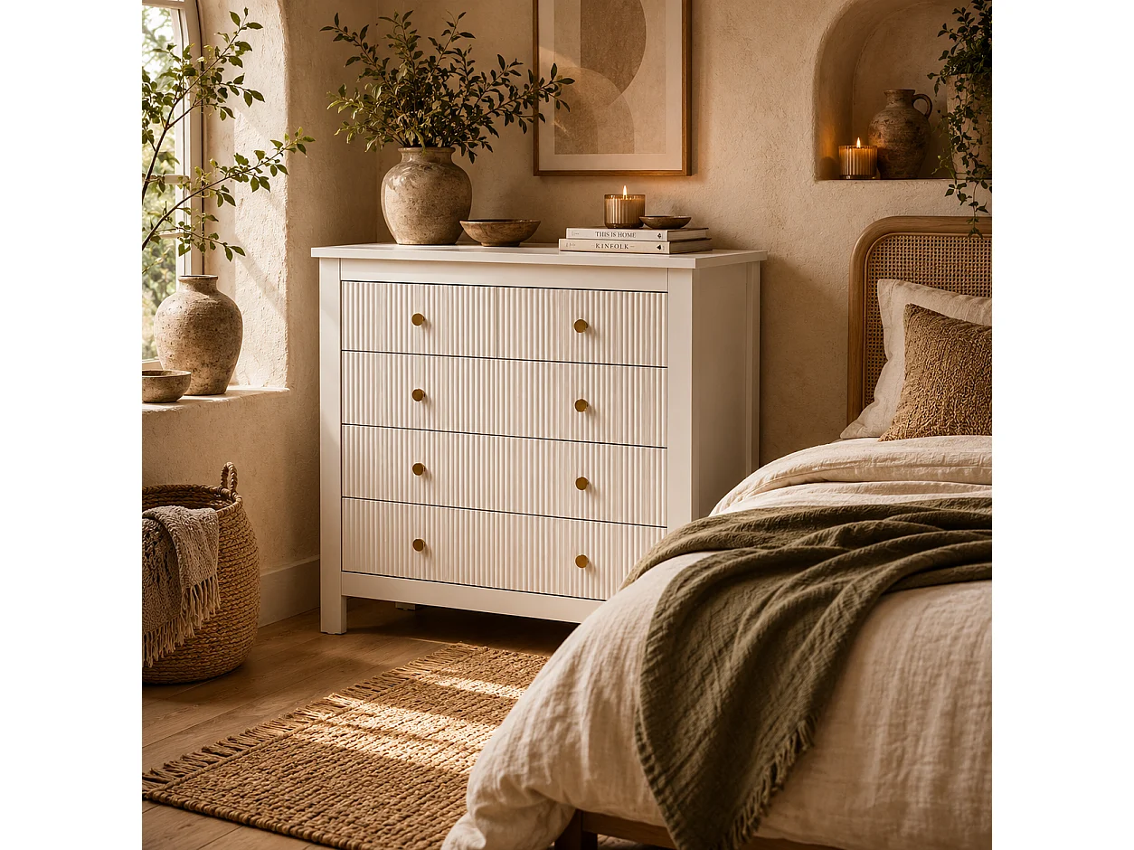 Vedise 5 Drawer White Chest of Drawers Ridged Fronts Gold Handles