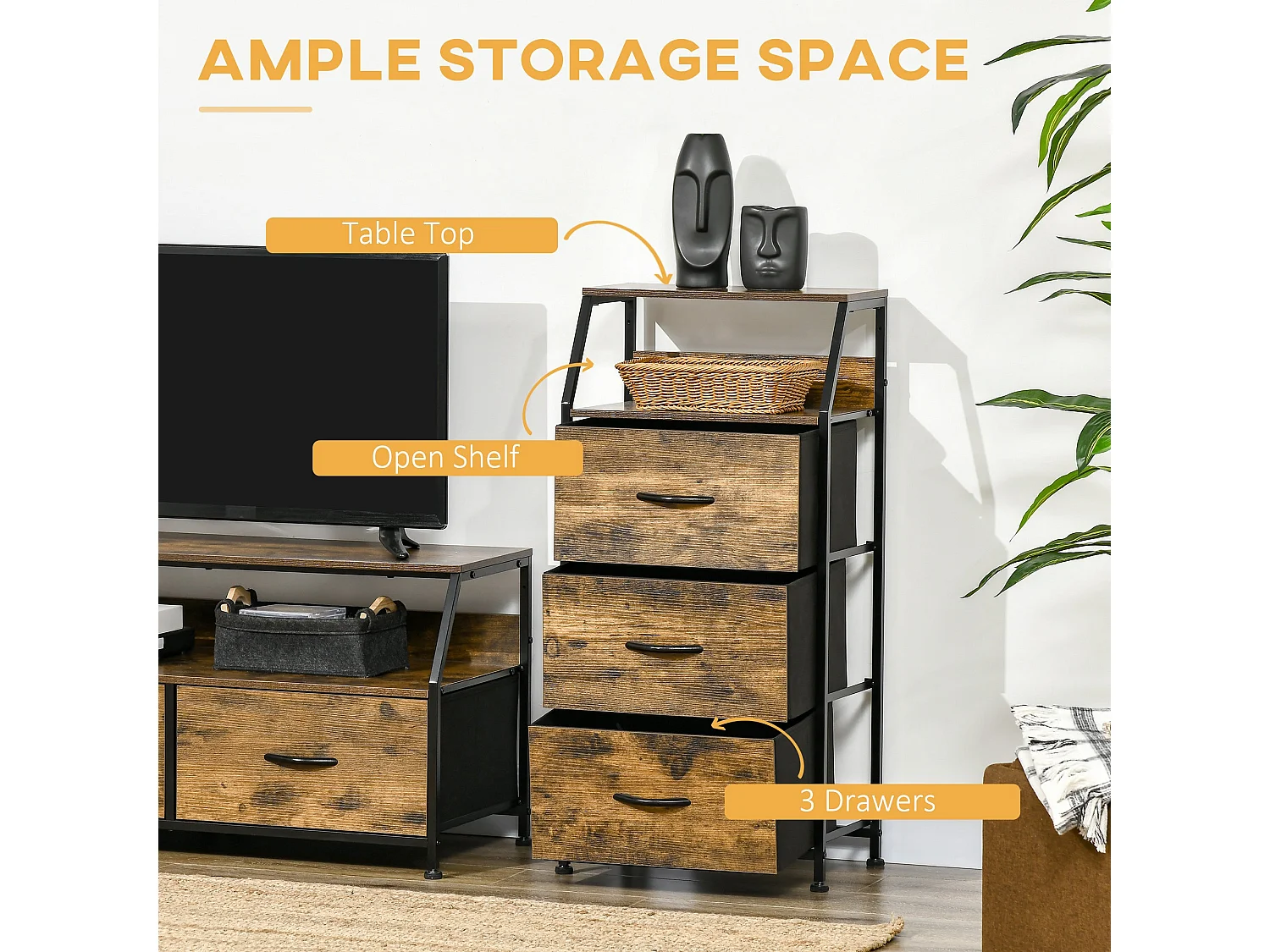 Elsuve Rustic Brown Industrial 3 Drawer Storage Chest with Display Shelves