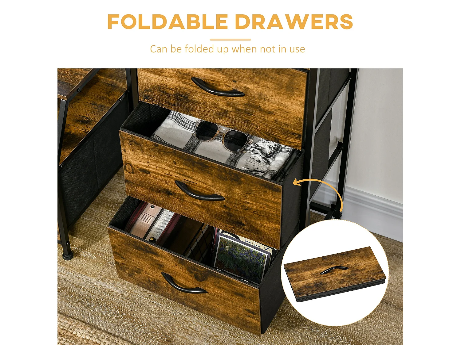 Elsuve Rustic Brown Industrial 3 Drawer Storage Chest with Display Shelves
