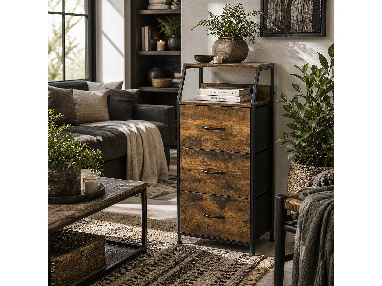 Elsuve Rustic Brown Industrial 3 Drawer Storage Chest with Display Shelves