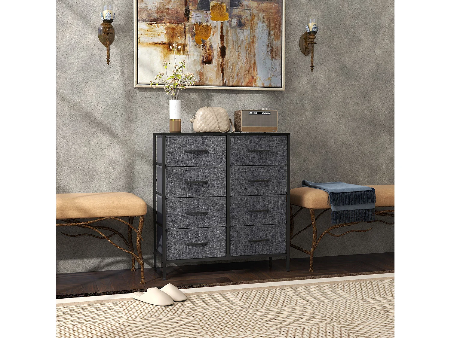 Sarofi 8 Drawer Industrial Storage Dresser Black Fabric Drawers Steel Frame