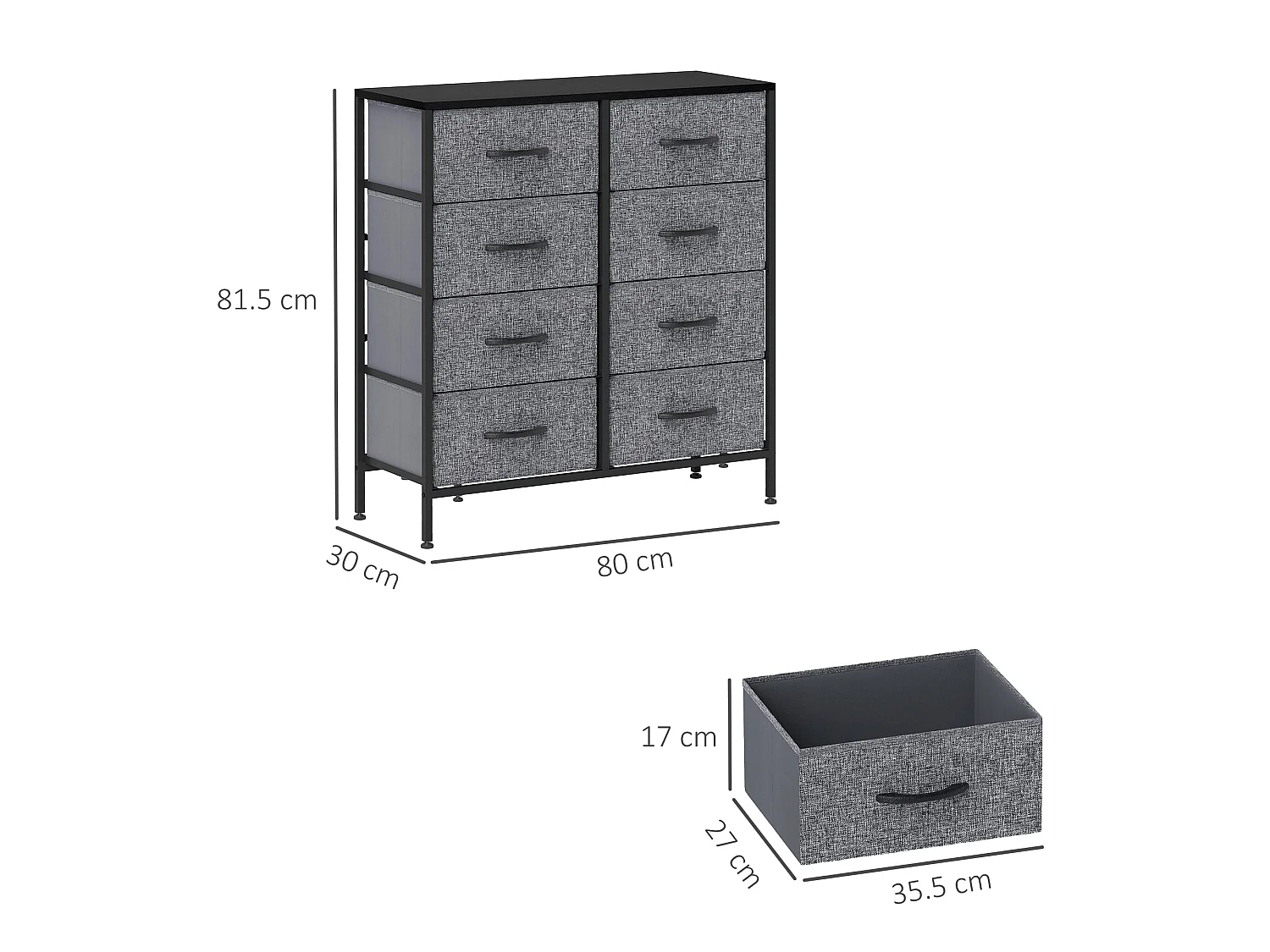 Sarofi 8 Drawer Industrial Storage Dresser Black Fabric Drawers Steel Frame