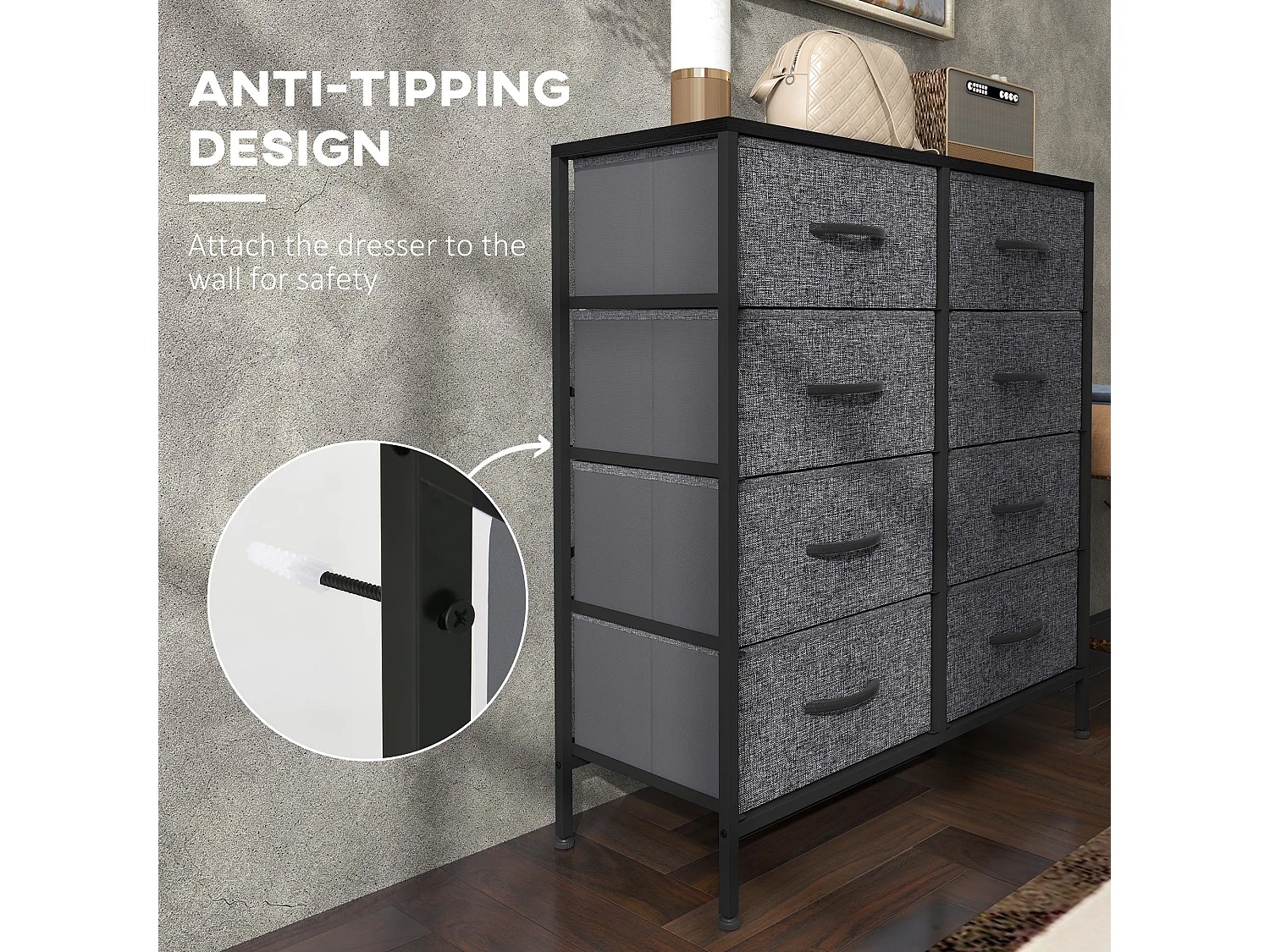 Sarofi 8 Drawer Industrial Storage Dresser Black Fabric Drawers Steel Frame