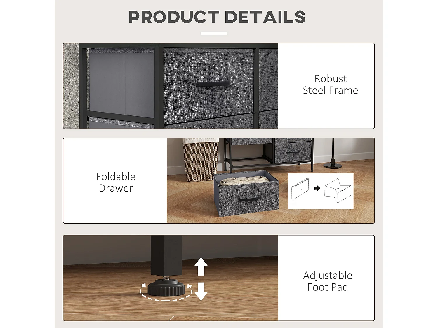 Sarofi 8 Drawer Industrial Storage Dresser Black Fabric Drawers Steel Frame