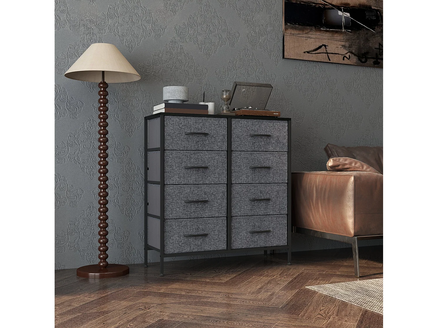 Sarofi 8 Drawer Industrial Storage Dresser Black Fabric Drawers Steel Frame