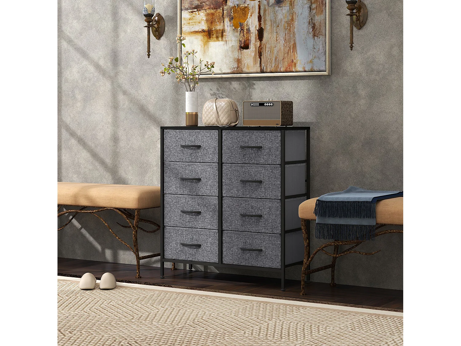 Sarofi 8 Drawer Industrial Storage Dresser Black Fabric Drawers Steel Frame