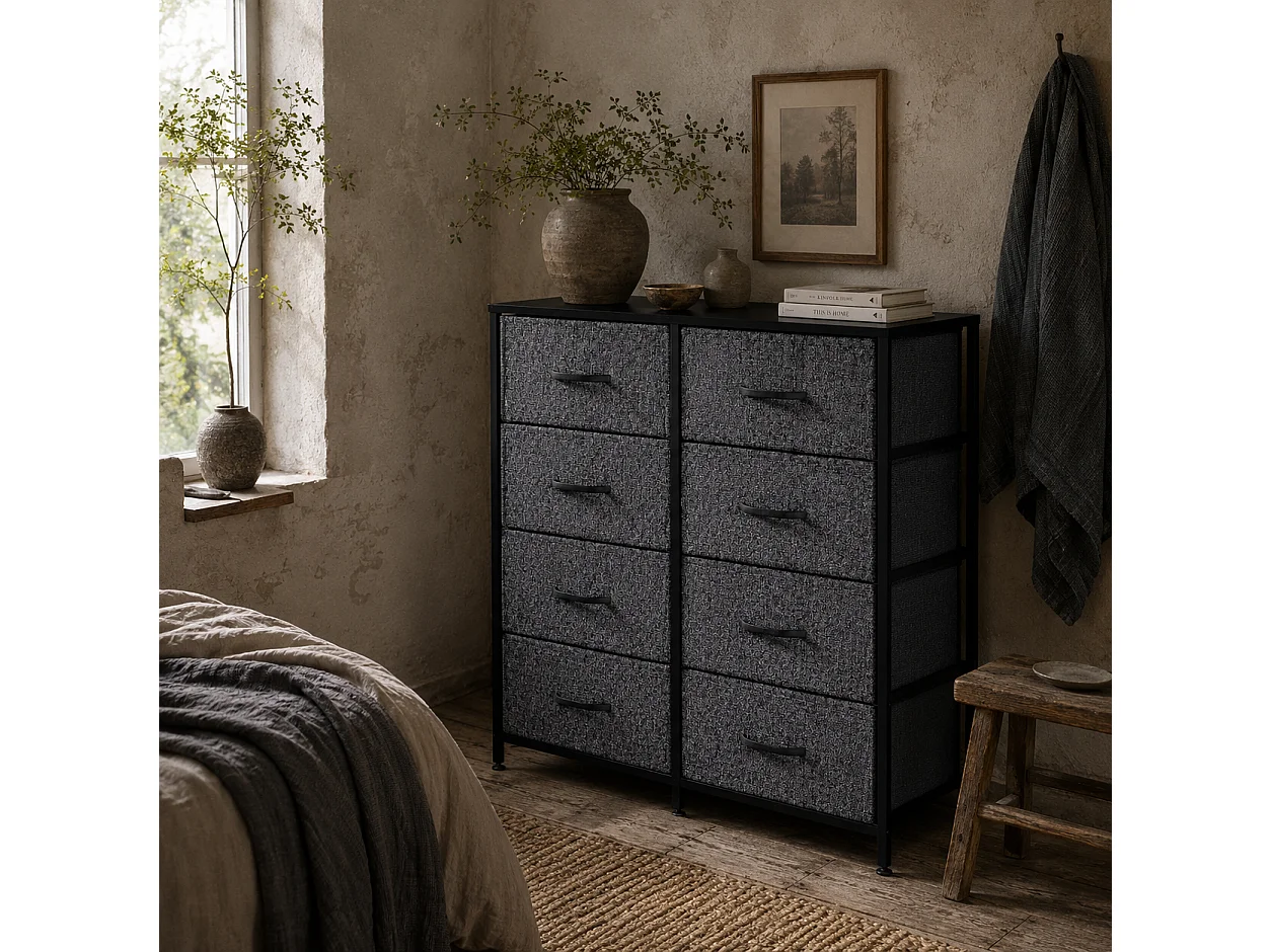 Sarofi 8 Drawer Industrial Storage Dresser Black Fabric Drawers Steel Frame