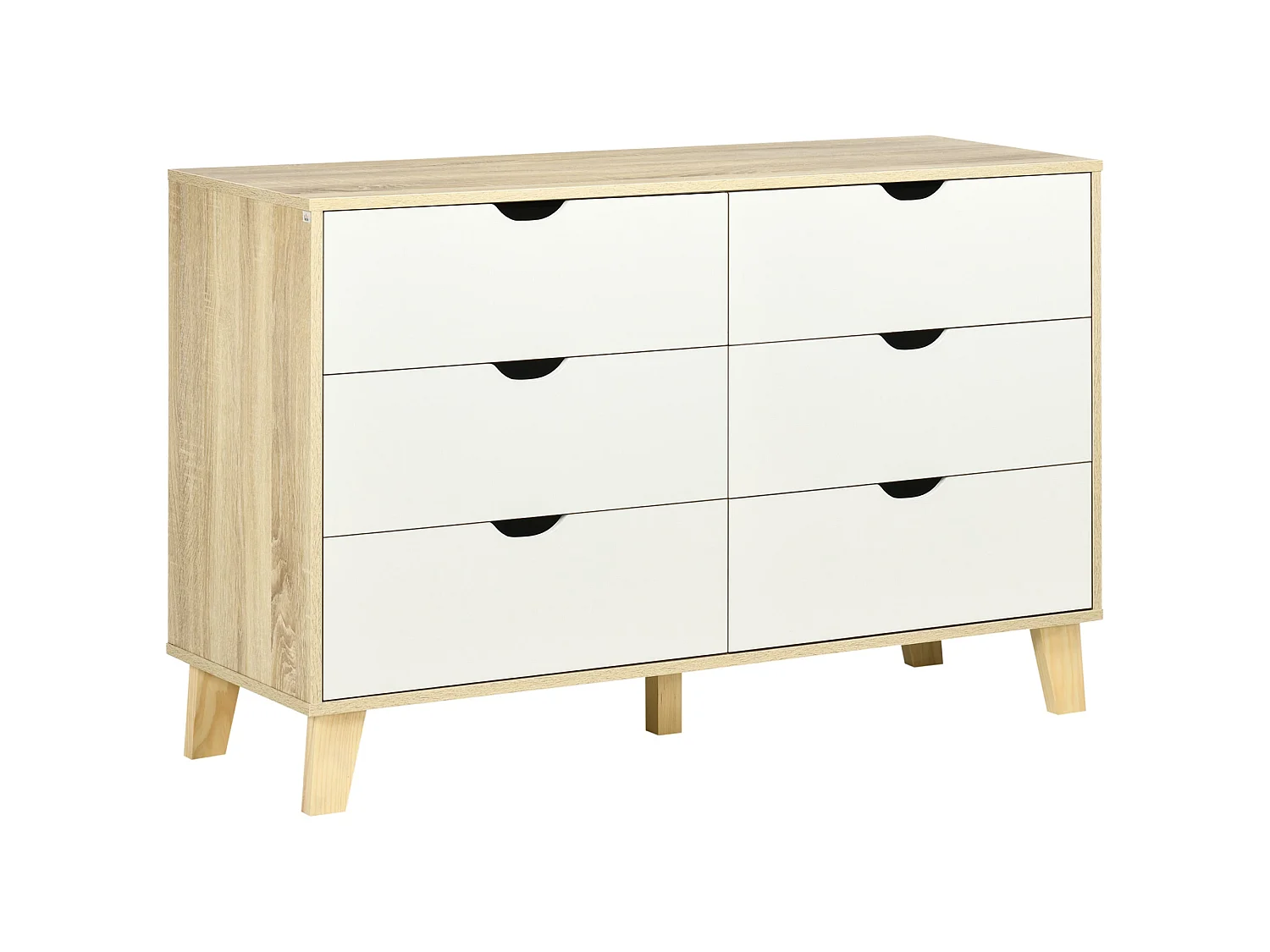 Valu Natural Wood and White 6 Drawer Wide Chest with Wooden Legs