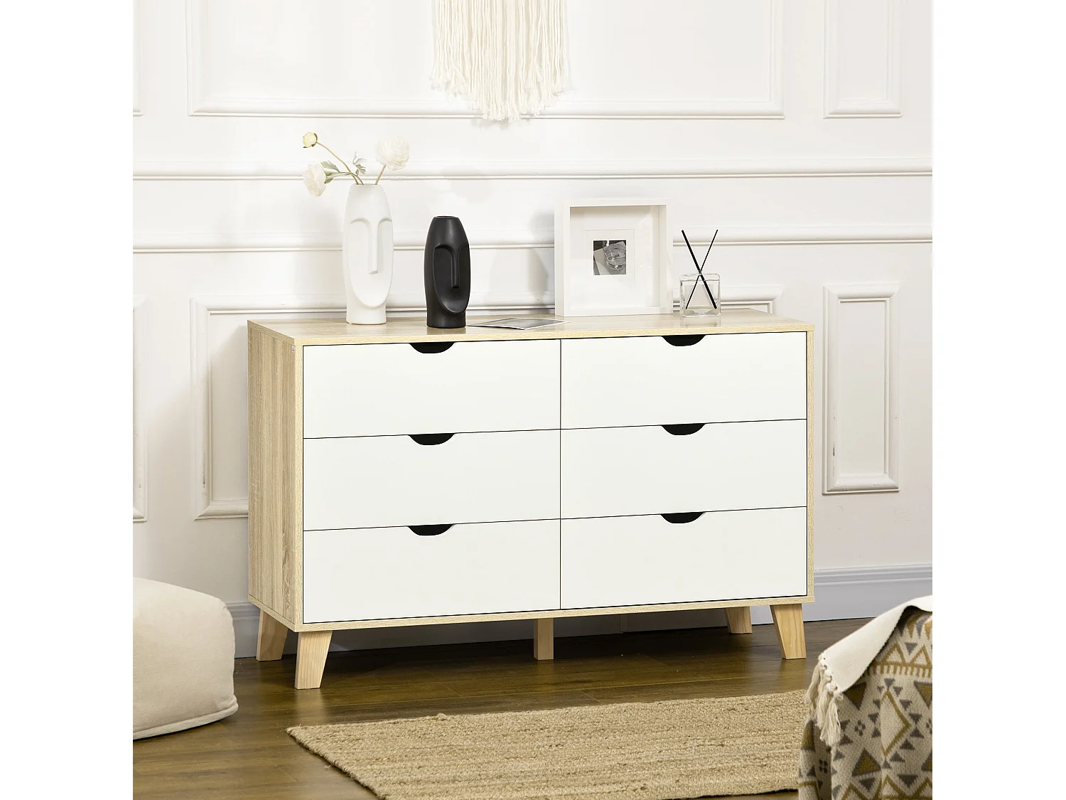 Valu Natural Wood and White 6 Drawer Wide Chest with Wooden Legs
