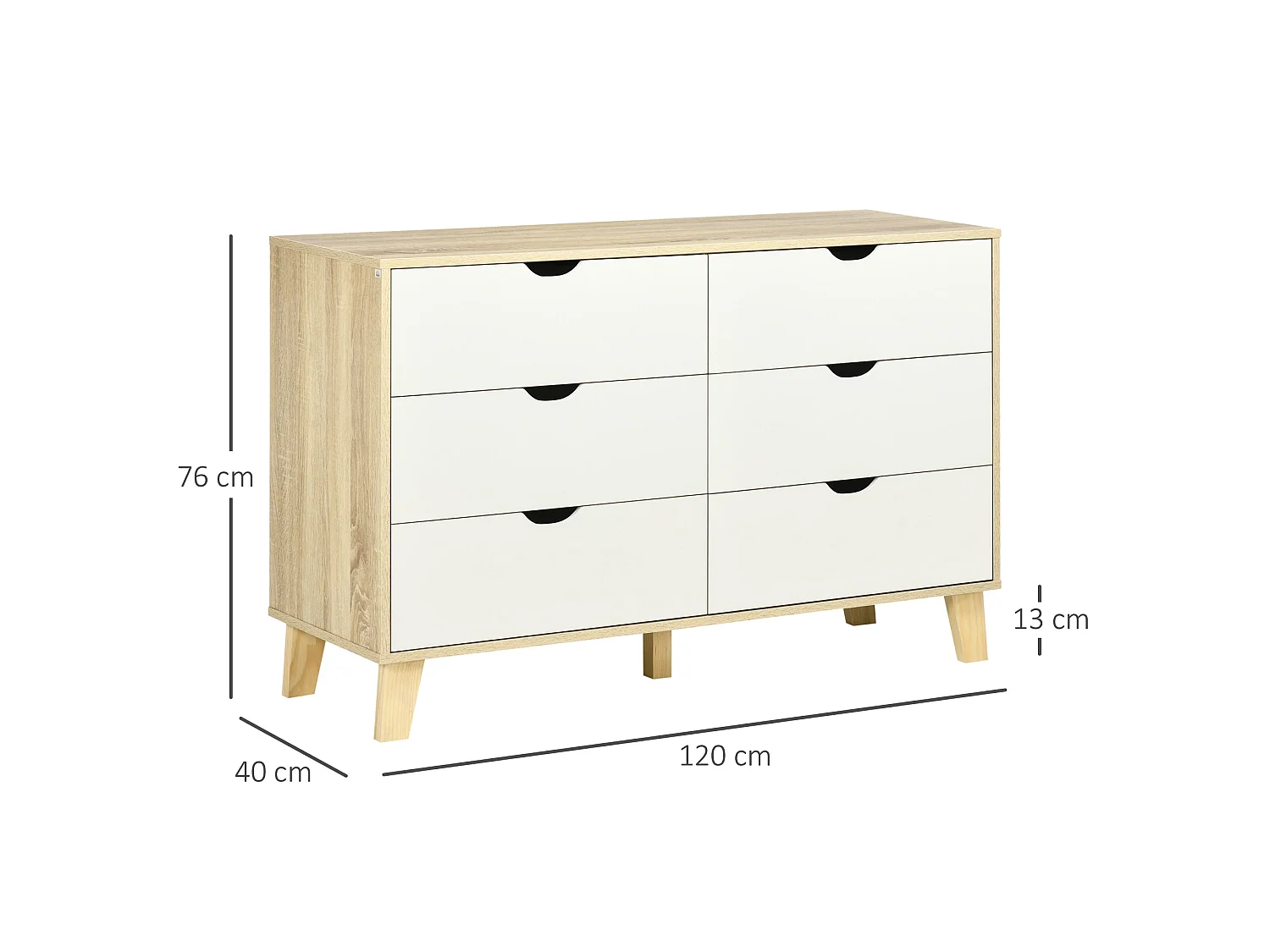 Valu Natural Wood and White 6 Drawer Wide Chest with Wooden Legs