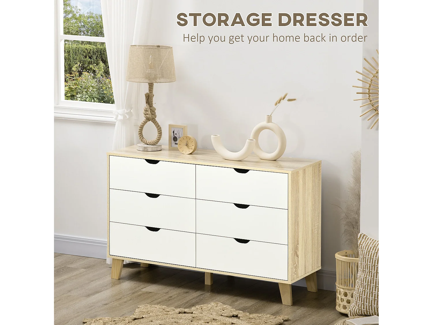 Valu Natural Wood and White 6 Drawer Wide Chest with Wooden Legs