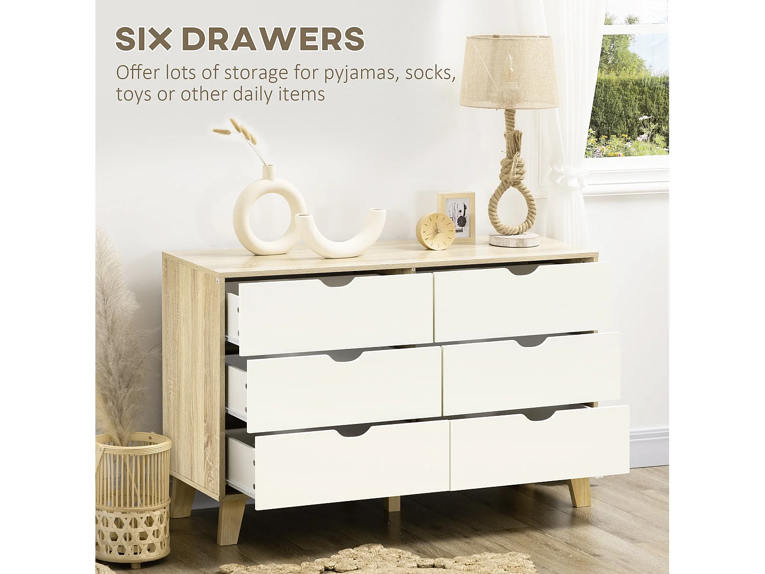 Valu Natural Wood and White 6 Drawer Wide Chest with Wooden Legs